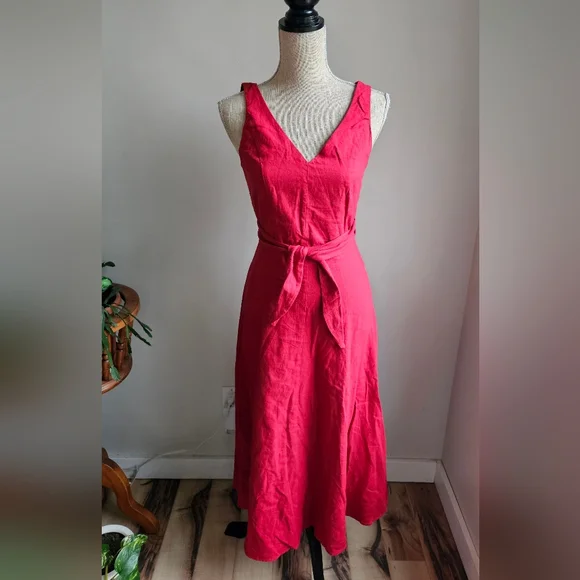 Mango Red V-Neck Midi Dress with Waist Tie - Picture 2 of 7